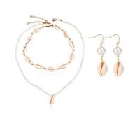 HDGSAFD 1 Collar De Concha Y 1 Par De Aretes, Collar De Cuentas De Doble Capa, Joyería Elee Retro, Aretes De Concha De Perla, Accesorios De Moda De Vacaciones.