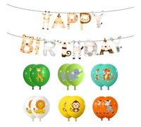 HDGSAFD 1 Juego De Banderas De Cumpleaños Y 12 Globos De Patrones De Animales, con Cintas, Suministros para Fiestas Temáticas De Animales De La Jungla, Decoraciones De Fiestas.