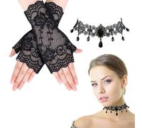 HDGSAFD 1 Par De Guantes De Encaje, 1 Collar con Cole, Guantes De Medio Dedo Huecos Negros, Guantes De Malla Personalizados, Decoración De Ropa De Mujer