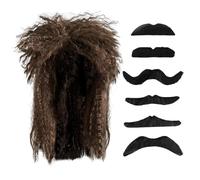 HDGSAFD 1 Pieza De Rizos Rockeros Y 6 Piezas De Barba Artificial, Accesorios De Cosplay, Pelucas Retro, Pelucas De Fiesta, Pelucas Divertidas