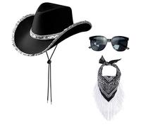 HDGSAFD 1 Sombrero De Vaquero Negro, 1 Pañuelo De Bolsillo Con Flecos Y 1 Gafas De Sol, Accesorios De Cosplay, Accesorios De Vestir Retro De Moda, Accesorios De Mujer
