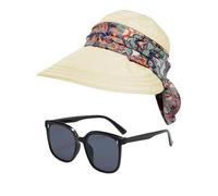 HDGSAFD 1 x sombrero de mujer 1 par gafas de sol sombrero de sol para mujer con protección para el cuello, sombrero de sol plegable para mujer, sombrero de protección UV al aire libre, beige, S/M,