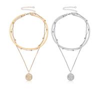 HDGSAFD 2 collares multicapa, collares para mujer, collares bohemios, joyería de moda, collares elegantes, cadenas apiladas, accesorios de ropa, collares colgantes (oro, plata), Zinc