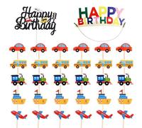 HDGSAFD 31 Tarjetas De Transporte, 1 Diadema De Feliz Cumpleaños, Decoración Creativa para Tarta De Dibujos Animados, Decoración De Fiesta De Cumpleaños