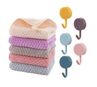 HDGSAFD 5 Toallas Cuadradas De Terciopelo Coral Y 5 Ganchos Autoadhesivos para Toallas, Toallas Absorbentes, Paños De Limpieza, Toallas De Mano, Toallas Cuadradas