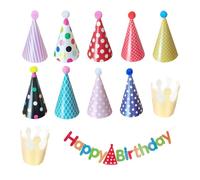 HDGSAFD Juego de 11 sombreros de fiesta de cumpleaños con 1 bandera, accesorios para sombreros de cumpleaños, sombreros de fiesta en forma de cono, sombrero de bola de peluche, decoración de fiesta de
