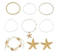 HDGSAFD Pulseras De 7 Piezas Y 1 Par De Aretes De Estrella De Mar, Joyería De Elementos Marinos, Joyería Boho, Joyería Clásica De Moda