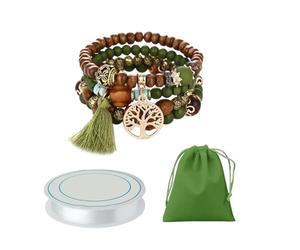 HDGSAFD Set de Pulseras Étnicas Bohemias - 4 Pulseras de Cuentas de Madera, 1 Rollo de Cuerda de Perlas, Bolsa de Almacenamiento - Regalo de Joyería
