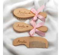 HDLOVE Kit Personalizado para El Cuidado del Cabello del Bebé, Set De Cepillo Y Peine para Bebé con Nombre Grabado A Medida, Mango De Madera con Nombre Y Fecha para Recién Nacidos