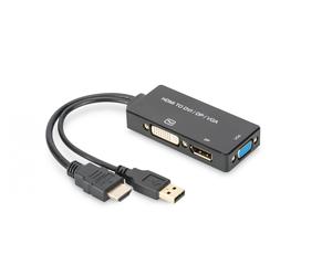 HDMI converter cable, HDMI - DP+DVI+VGA M-F/F/F, 0.2m, 3 in 1 Multi-Media, bl, gold