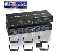 HDMI KVM Switch 4PC 2 Monitores, Simulación EDID, 4K60Hz Conmutador KVM 4 Ordenadores que Comparten 2 Monitor y Salida de Micrófono de Audio y 3 Dispositivos USB 3.0 por Ratón Teclado Impresora