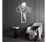 HDMOZUYT Arte de Pared con Cruz de Jesús, decoración Cristiana de Metal, Regalo para Cristianos, inauguración de la casa (Plateado, 96 cm de Largo x 76 cm de Ancho)