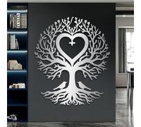 HDMOZUYT Arte de Pared de Metal con Forma de corazón del Árbol de la Vida, Ideal para Dormitorio, Sala de Estar, baño y Exteriores (Plateado, 47 x 40 cm)