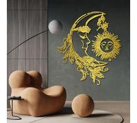 HDMOZUYT Cuadro metálico con diseño de Sol y Luna, decoración de Pared Estilo Boho para Sala de Estar, Dormitorio o Estudio de Yoga (Dorado, 47 x 41 cm).