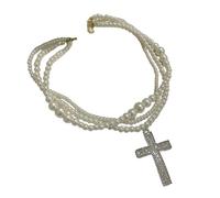 HDOYTXXM Elegante collar de diamantes de imitación cruces con múltiples hilos de perlas de imitación cadena de serpiente para ropa casual y lujoso collar romántico inspirado en francés