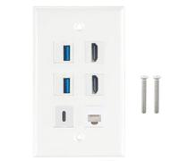HDTV USB3.0 CAT6 - Placa de pared de 6 puertos, 2 puertos HDTV Keystone, 2 puertos USB3.0, 1 tipo C, 1 panel frontal CAT6 RJ45, panel eléctrico decorativo blanco