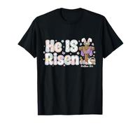 He Is Risen Leopard Print Cross Bunny Ears Religious Easter Camiseta