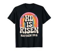 He Is Risen Matthew 28:6 Retro Rainbow 70s 80s Verso de la Biblia Camiseta