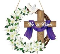 He is Risen Wooden Easter Sign Letrero de Cruz para Puerta Adornos de flores de lirio de Jesús Cristiano para colgar (Morado A)