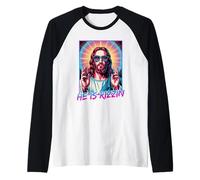 He Is Rizzin Jesús Gafas Retro Humor Pascua Cultura Pop Camiseta Manga Raglan