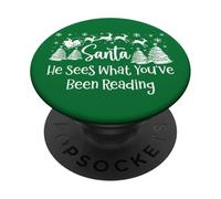 He Sees What You've Been Reading Santa Christmas Book Lovers PopSockets PopGrip Adhesivo