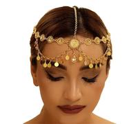 Head Chain for Women Gold Color Coins Tassel Bridal Rhinestone Hair Chain Headdress Wedding Accessories Headpiece para ocasiones especiales y festivales(Gold 2)