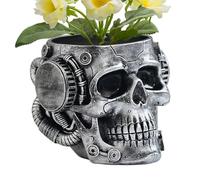 Head Planter - Resin, 4.53x5.12x3.94in Pen Holder Skull Design Decorative Pot | Indoor & Outdoor Display Gothic Accent Planter, Skull Flower Pot For Home Decor, Office Desk, Garden, Patio, Porch