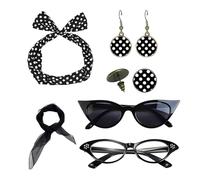 Headband, 1950s Outfit Accessories with Headband Drop Earrings, Vintage Print Dangle Paño Scarf Glasses, Retro Costume Set for Women, Red White, 130g