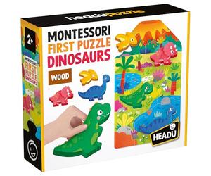 Headu - Montessori First Puzzle Dinosaurs, Grandes Piezas y Grandes Siluetas de Madera, Puzzle Educativo para niños de 2 a 4 años, Made in Italy