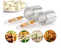 HEALEEP Cesta de Cocina Inoxidable Mango de Madera Colador Fino para Pasta Dumplings y Noodles Escurridor Ligero y Práctico