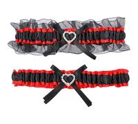 HEALEEP Ligas de Boda para Novia Anillo de Encaje Lazo y Gemas de Imitación Accesorio Nupcial en Rojo y Negro Par de Ligas Ajustables para Decoración y Uso en Vestidos de Novia