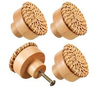 HEALEEP Perillas de Madera y Ratán Tejidas para Muebles, Tiradores Bohemios de 40 Mm, Juego de 4 Manijas para Cajones y Puertas, Accesorios Decorativos para Gabinetes y Tocadores