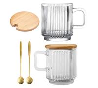 Healeved 2 Juegos de Tazas de Vidrio Transparentes con Asa, Tapa y Cuchara de Acero Inoxidable, Taza para Beber Café y Leche, Vaso Multifuncional para Desayuno y Oficina, Adecuado
