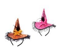 Healeved 2 Piezas Diademas de Halloween Sombrero de Bruja con Encaje y Lentejuelas de Rosa y Naranja Accesorio Decorativo para Fiesta y Disfraz