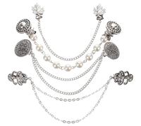 Healeved Broches Vintage para Mujer, Set de 4 Clips para Suéter y Cárdigan, Aleación de Plata Antigua, Diseño Retro Cadena y Detalles de Totem, Perlas y Cristales, Accesorios para Fiestas