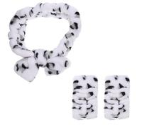 Healeved Diadema de Franela para Spa y Limpieza Facial, Conjunto de 3 Piezas 2 Pulseras de Estampado de Leopardo sobre Fondo Claro y 1 Diadema Lazo, Elásticas y Antideslizantes para