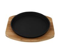 Healeved Plancha chispeante con base de madera | Sartén redonda para fajitas de 20 cm/7,9 pulgadas | Plancha de hierro fundido para asar filetes, teppanyaki, para uso en interiores, exteriores y