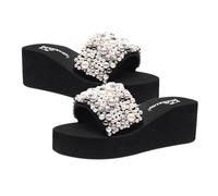 Healeved Sandalias Cuña Mujer Verano Antideslizantes Diseño Perlas Simuladas Elegantes para Playa y Hogar Negras