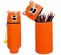 Healife Funda de silicona suave 2 en 1, estuche Kawaii con cremallera, soporte para rotuladores, suministros escolares, bonita bolsa de tiburones para niñas, color gris, Yellow Tiger, Funda de