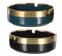 Healifty Cenicero de Cerámica para Uso Exterior y Escritorio, 2 Piezas en Verde Oscuro y Negro Detalles Dorados, Diseño Vintage Resistente a Manchas para Oficina, Patio y Decoración