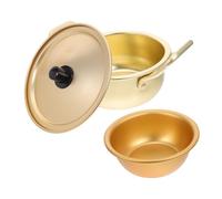 Healifty Olla de Ramen Coreana con Doble Mango y Tapa Olla de Aluminio con Cuenco Pequeño para Fideos Instantáneos Calentamiento Rápido para Hogar y Restaurante Acabado Retro Dorado