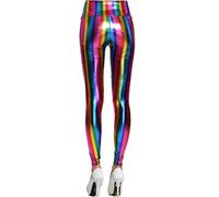 Heallege Holograma Metálico Arco Iris Leggings Brillo Neón Medias Rayas Impreso Cintura Pantalones De Yoga Fiesta De Cuero Imitación Clubwear Arco Iris Colorido