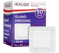 Healqu Apósito Island de gasa con borde - 50 unidades, 2" x 2" Almohadillas de gasa estériles envueltas individualmente con respaldo no tejido resistente al agua