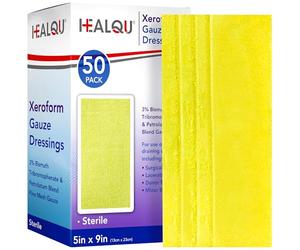 Healqu Medical Xeroform Petrolatum Dressing 5x9-50 unidades - Almohadilla de gasa no adherente para heridas de baja exudación - laceraciones, quemaduras e injertos de piel