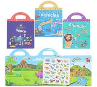 HEALSOPTHY 4 Juegos Libro de Pegatinas Reutilizables para Temática Educativa de Animales Transporte Dinosaurios y Espacio Fácil de Usar para Aprender y Jugar de Años
