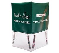 HealthAndYoga (TM) - Juego de 2 limpiadores de lengua de acero quirúrgico esterilizables - Distinto color identificativo en agarres de acero higiénico