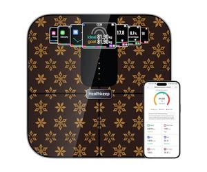 Healthkeep - Báscula con Bluetooth con pantalla TFT a color y tecnología ITO, 25 datos corporales con frecuencia cardíaca APP para Andriod e iOS 180kg/400lb/28st, marrón