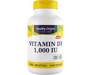Healthy Origins, Vitamina D3, 1.000IU, 360 Cápsulas, Probado en Laboratorio, Altamente Dosificado, Sin Soja, Sin Gluten, No GMO