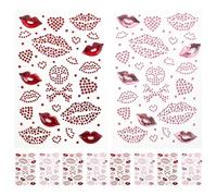 Healvian 10 hojas de tatuajes de besos en los labios con diamantes de imitación para San Valentín. Preciosas pegatinas para rostro y uñas. Calcomanías autoadhesivas rojas con brillantina para