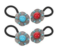 Healvian 4 gomas elásticas para el pelo con flores para niñas - Coleteros bohemios con cuentas decorativas de loto y piedra - Juego de coleteros de cuerda suave en azul y rojo